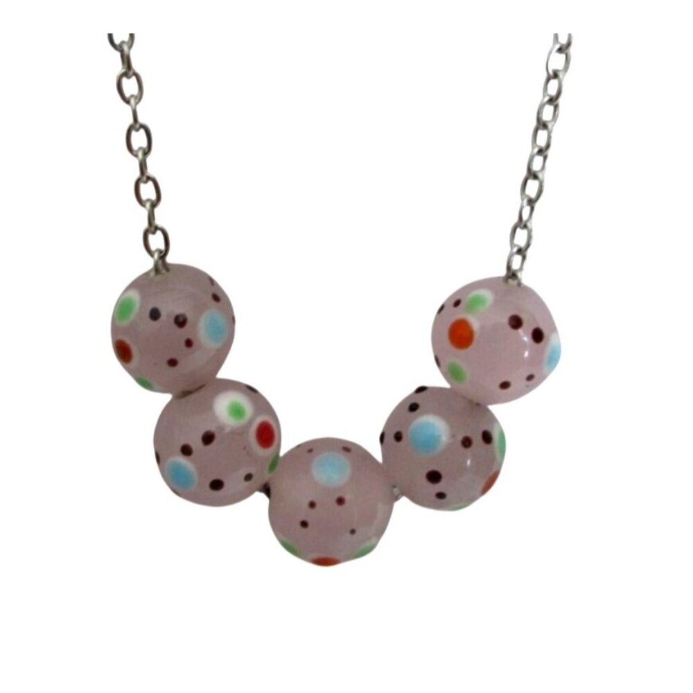 New Pink Polka Dot Art Glass Bead Necklace With 18" Stainless Chain Unique Jewel